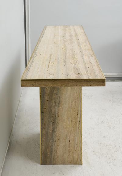 Sculptural Pair of Contemporary Travertine Consoles with Brass Banding