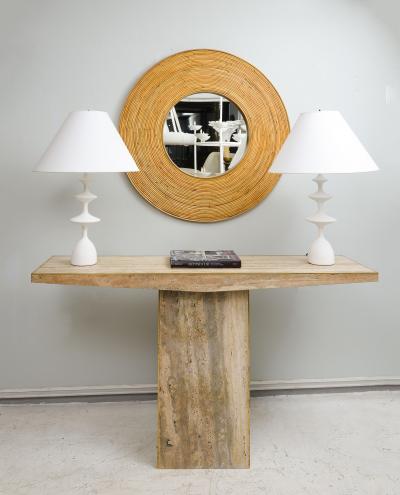 Sculptural Pair of Contemporary Travertine Consoles with Brass Banding