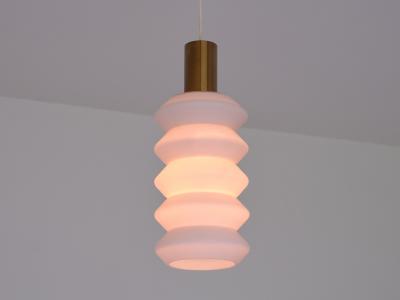 Sculptural Pair of Swedish Modern Pendants in Opaline Glass and Brass 1950s