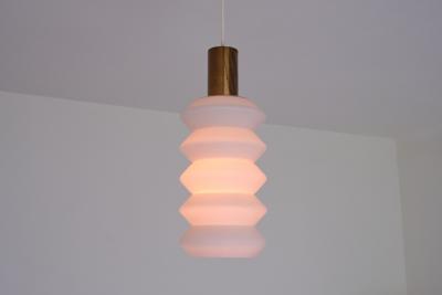 Sculptural Pair of Swedish Modern Pendants in Opaline Glass and Brass 1950s