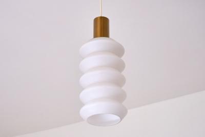 Sculptural Pair of Swedish Modern Pendants in Opaline Glass and Brass 1950s