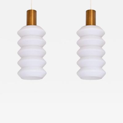 Sculptural Pair of Swedish Modern Pendants in Opaline Glass and Brass 1950s