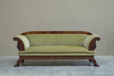Sculptural Regency Sofa in Figured Mahogany Veneer and Velvet Early 19th Century