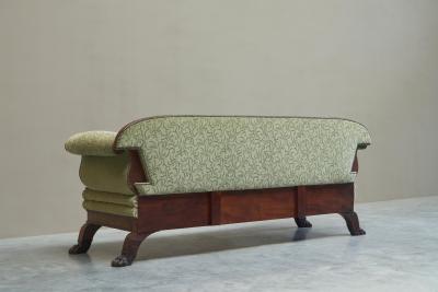 Sculptural Regency Sofa in Figured Mahogany Veneer and Velvet Early 19th Century