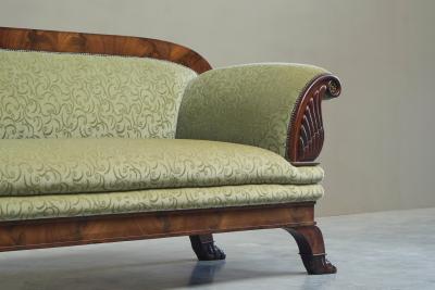 Sculptural Regency Sofa in Figured Mahogany Veneer and Velvet Early 19th Century