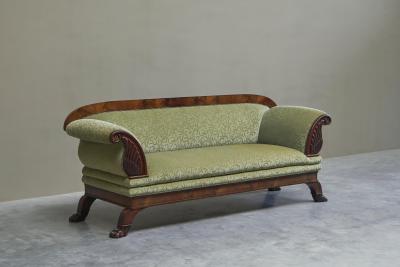 Sculptural Regency Sofa in Figured Mahogany Veneer and Velvet Early 19th Century