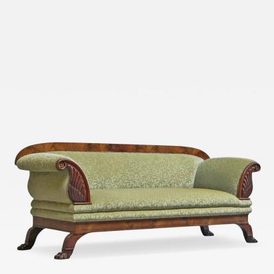 Sculptural Regency Sofa in Figured Mahogany Veneer and Velvet Early 19th Century
