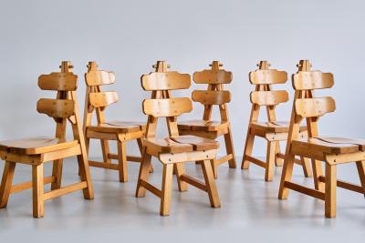 Sculptural Set of Six Brutalist Dining Chairs in Solid Oak France 1960s
