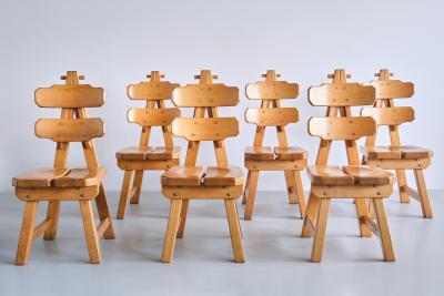 Sculptural Set of Six Brutalist Dining Chairs in Solid Oak France 1960s