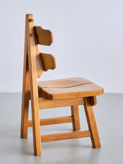 Sculptural Set of Six Brutalist Dining Chairs in Solid Oak France 1960s