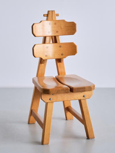 Sculptural Set of Six Brutalist Dining Chairs in Solid Oak France 1960s