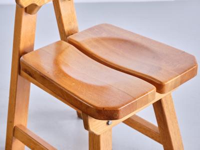 Sculptural Set of Six Brutalist Dining Chairs in Solid Oak France 1960s