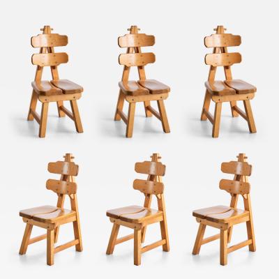 Sculptural Set of Six Brutalist Dining Chairs in Solid Oak France 1960s