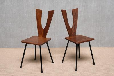 Sculptural Set of Six Winged Back Dining Chairs in Solid Oak France 1950s