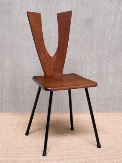 Sculptural Set of Six Winged Back Dining Chairs in Solid Oak France 1950s