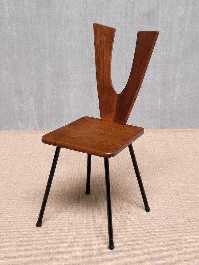 Sculptural Set of Six Winged Back Dining Chairs in Solid Oak France 1950s