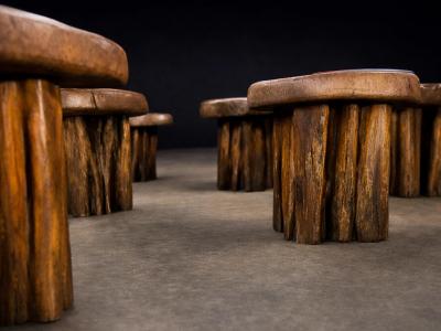 Sculptural Table with 6 Matching Stools in Reclaimed Wood Lot 764 765