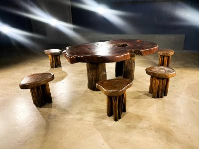 Sculptural Table with 6 Matching Stools in Reclaimed Wood Lot 764 765