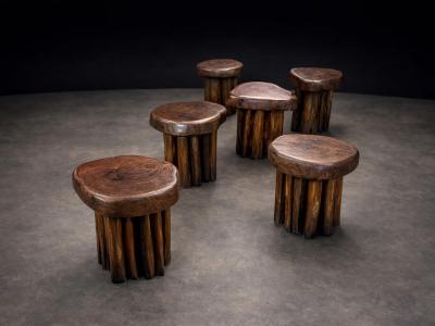 Sculptural Table with 6 Matching Stools in Reclaimed Wood Lot 764 765