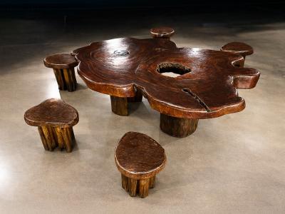 Sculptural Table with 6 Matching Stools in Reclaimed Wood Lot 764 765