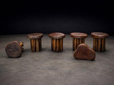 Sculptural Table with 6 Matching Stools in Reclaimed Wood Lot 764 765
