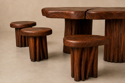 Sculptural Table with Six Matching Stools in Reclaimed Wood
