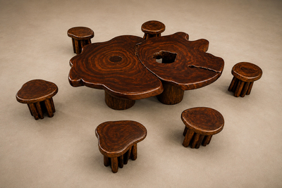 Sculptural Table with Six Matching Stools in Reclaimed Wood