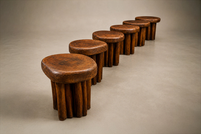 Sculptural Table with Six Matching Stools in Reclaimed Wood