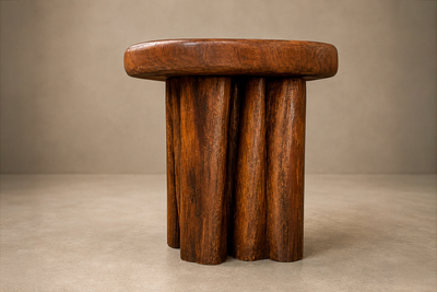 Sculptural Table with Six Matching Stools in Reclaimed Wood