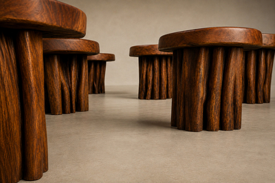 Sculptural Table with Six Matching Stools in Reclaimed Wood