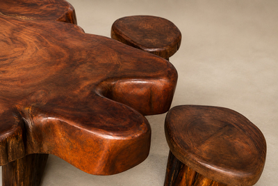 Sculptural Table with Six Matching Stools in Reclaimed Wood