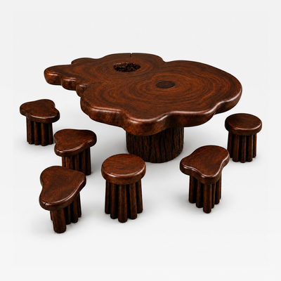 Sculptural Table with Six Matching Stools in Reclaimed Wood