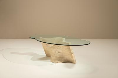Sculptural Vintage Travertine Coffee Table with Glass Top Italy 1970s