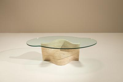 Sculptural Vintage Travertine Coffee Table with Glass Top Italy 1970s