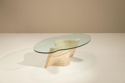 Sculptural Vintage Travertine Coffee Table with Glass Top Italy 1970s