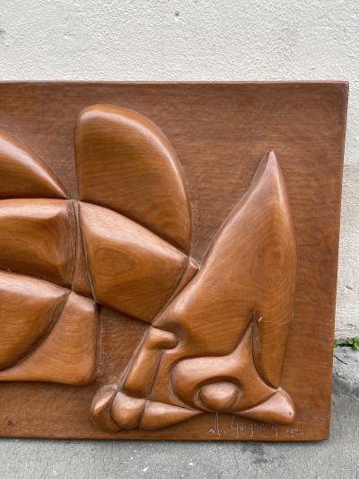 Sculptural decorative wood panel by A Guignard