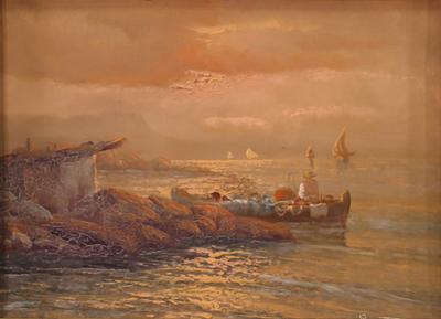 Seascape painting signed by Remo Testa fishermen at sunset
