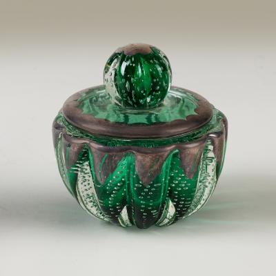 Seguso Vetri d Arte 1950s Italian green and silver Murano glass bullicante bonbonierre by Seguso