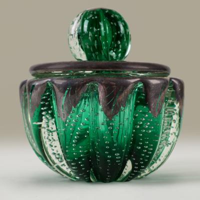 Seguso Vetri d Arte 1950s Italian green and silver Murano glass bullicante bonbonierre by Seguso