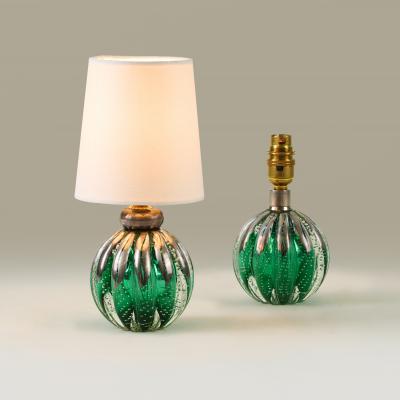 Seguso Vetri d Arte Pair of 1950s Italian green and silver Murano glass bullicante ball lamps