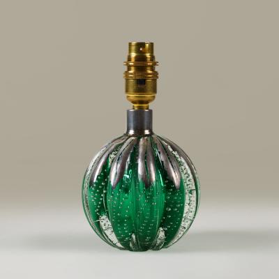 Seguso Vetri d Arte Pair of 1950s Italian green and silver Murano glass bullicante ball lamps