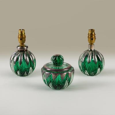 Seguso Vetri d Arte Pair of 1950s Italian green and silver Murano glass bullicante ball lamps