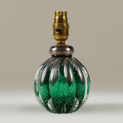 Seguso Vetri d Arte Pair of 1950s Italian green and silver Murano glass bullicante ball lamps