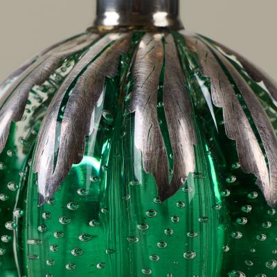 Seguso Vetri d Arte Pair of 1950s Italian green and silver Murano glass bullicante ball lamps