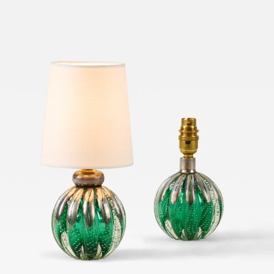 Seguso Vetri d Arte Pair of 1950s Italian green and silver Murano glass bullicante ball lamps