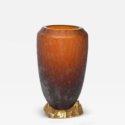 Seguso Vetri d Arte Rare Italian Modern Dark Amber and Gilt Decorated Vase Seguso