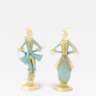 Seguso Vetri d arte PAIR OF TURQUOISE MURANO GLASS LOUIS XV STYLE FIGURINES BY SEGUSO VETRI ARTE