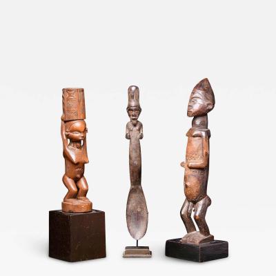 Selection of Dondo Spoon Flywhisk handle and Male Statue Dondo people DRC 
