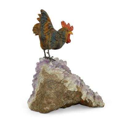 Semi precious stone and silver model of a cockerel