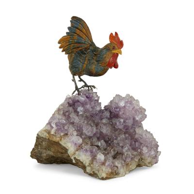 Semi precious stone and silver model of a cockerel